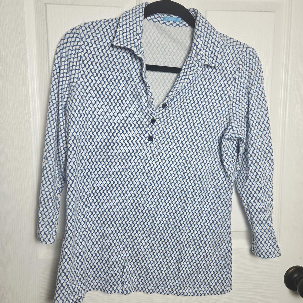 J Mclaughlin Top Womens Medium Blue Geometric Tunic Collared Polo Stretch